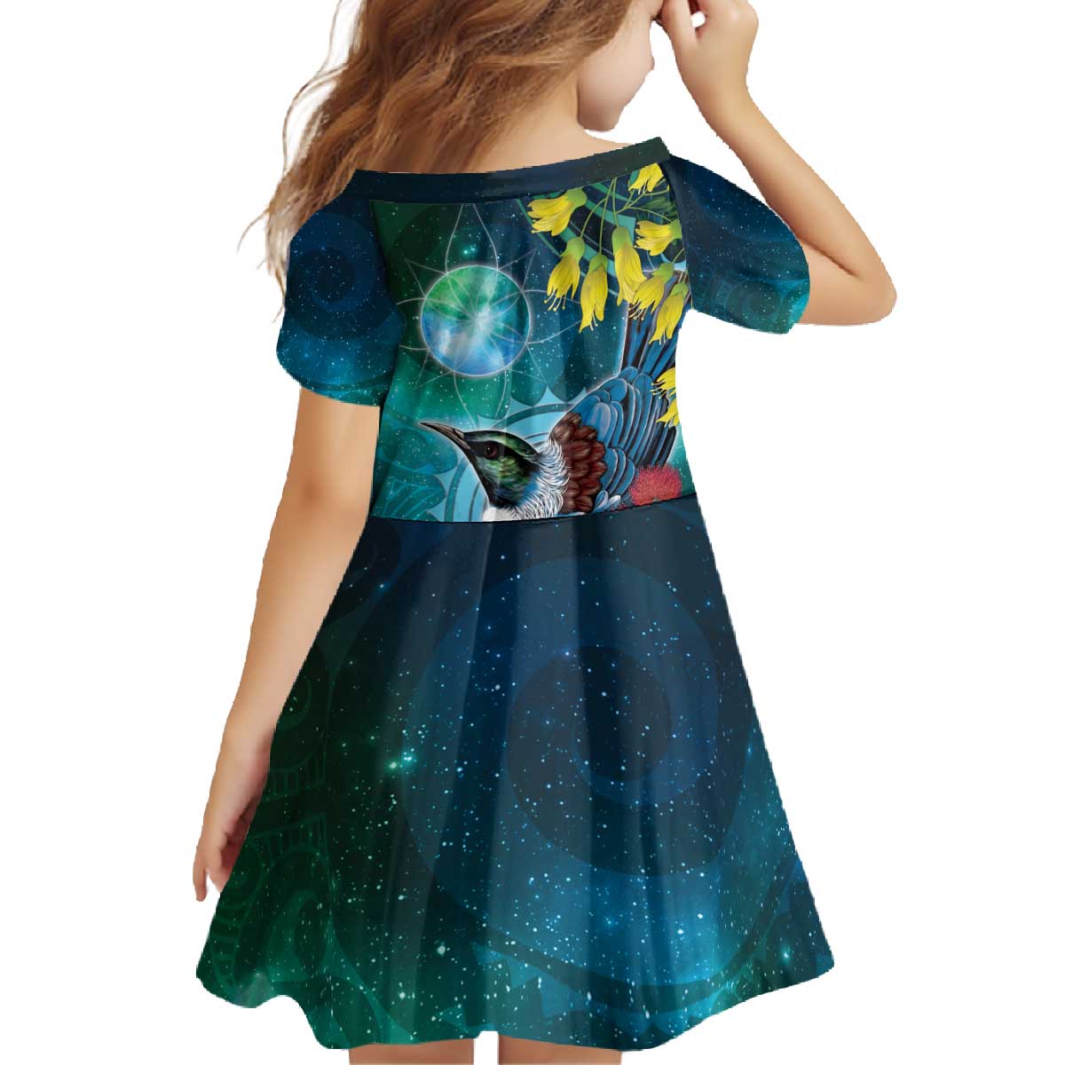 New Zealand Tui Bird Family Matching Off The Shoulder Long Sleeve Dress and Hawaiian Shirt Maori Koru With Pohutukawa Galaxy Style - Polynesian Pride