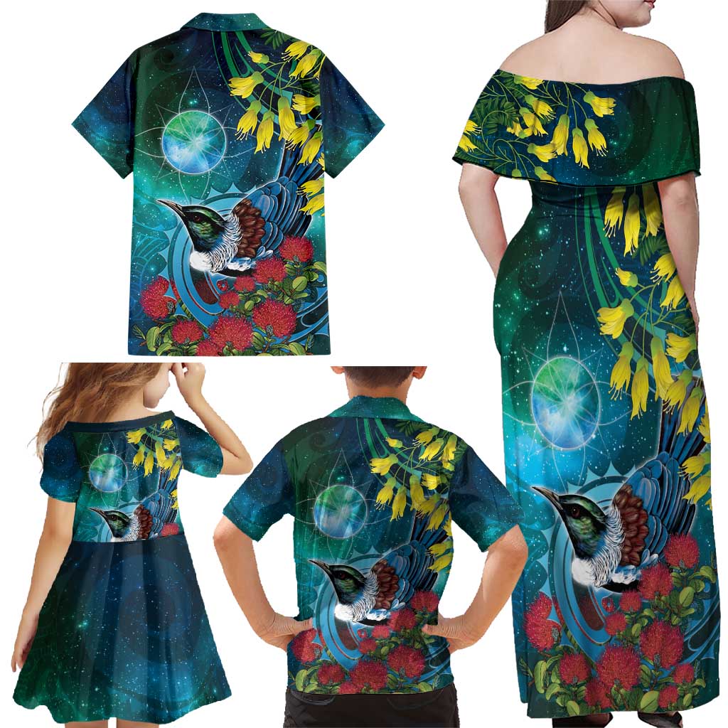 New Zealand Tui Bird Family Matching Off Shoulder Maxi Dress and Hawaiian Shirt Maori Koru With Pohutukawa Galaxy Style - Polynesian Pride