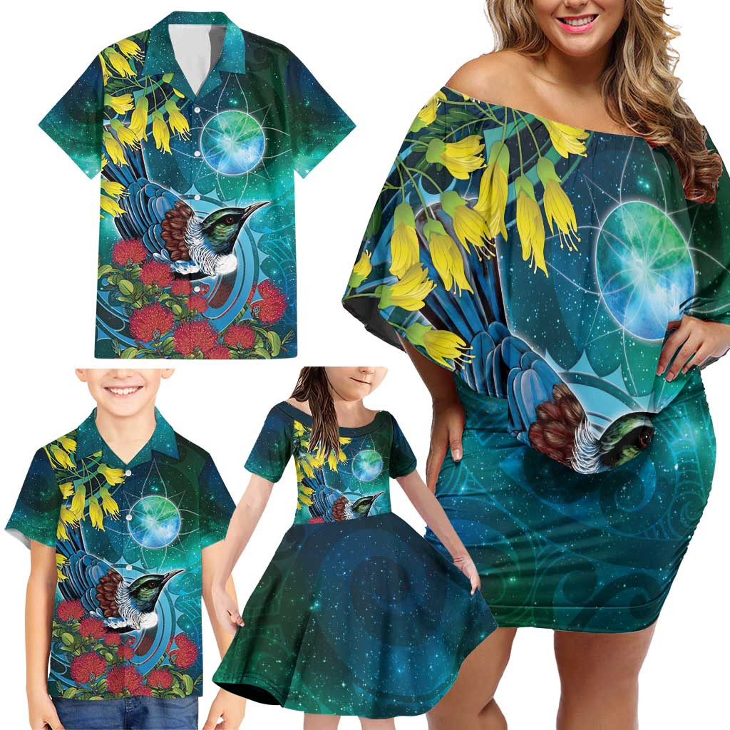 New Zealand Tui Bird Family Matching Off Shoulder Short Dress and Hawaiian Shirt Maori Koru With Pohutukawa Galaxy Style - Polynesian Pride