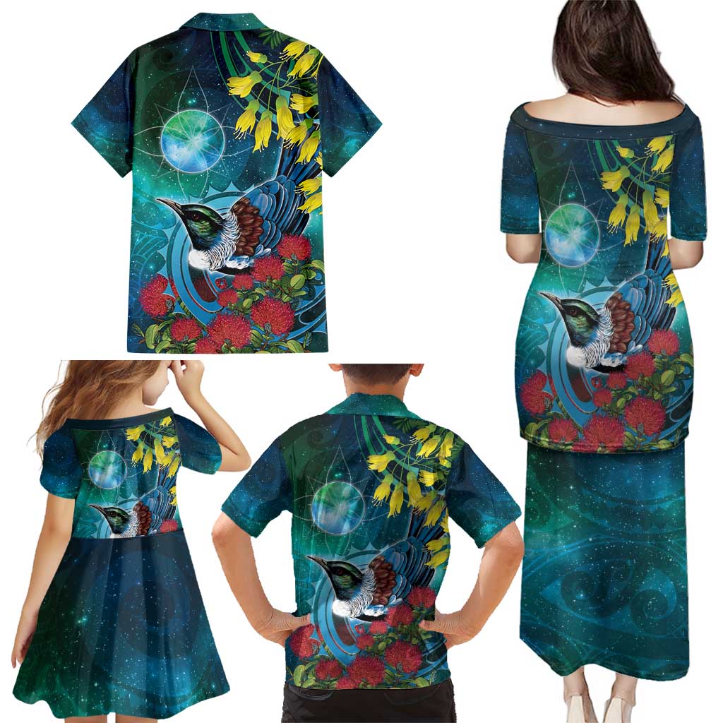 New Zealand Tui Bird Family Matching Puletasi and Hawaiian Shirt Maori Koru With Pohutukawa Galaxy Style - Polynesian Pride