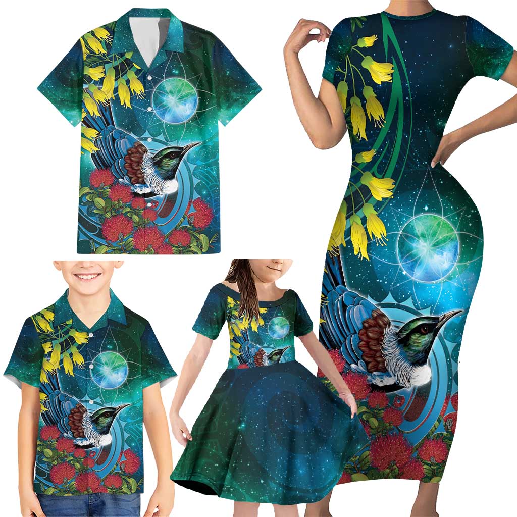 New Zealand Tui Bird Family Matching Short Sleeve Bodycon Dress and Hawaiian Shirt Maori Koru With Pohutukawa Galaxy Style - Polynesian Pride