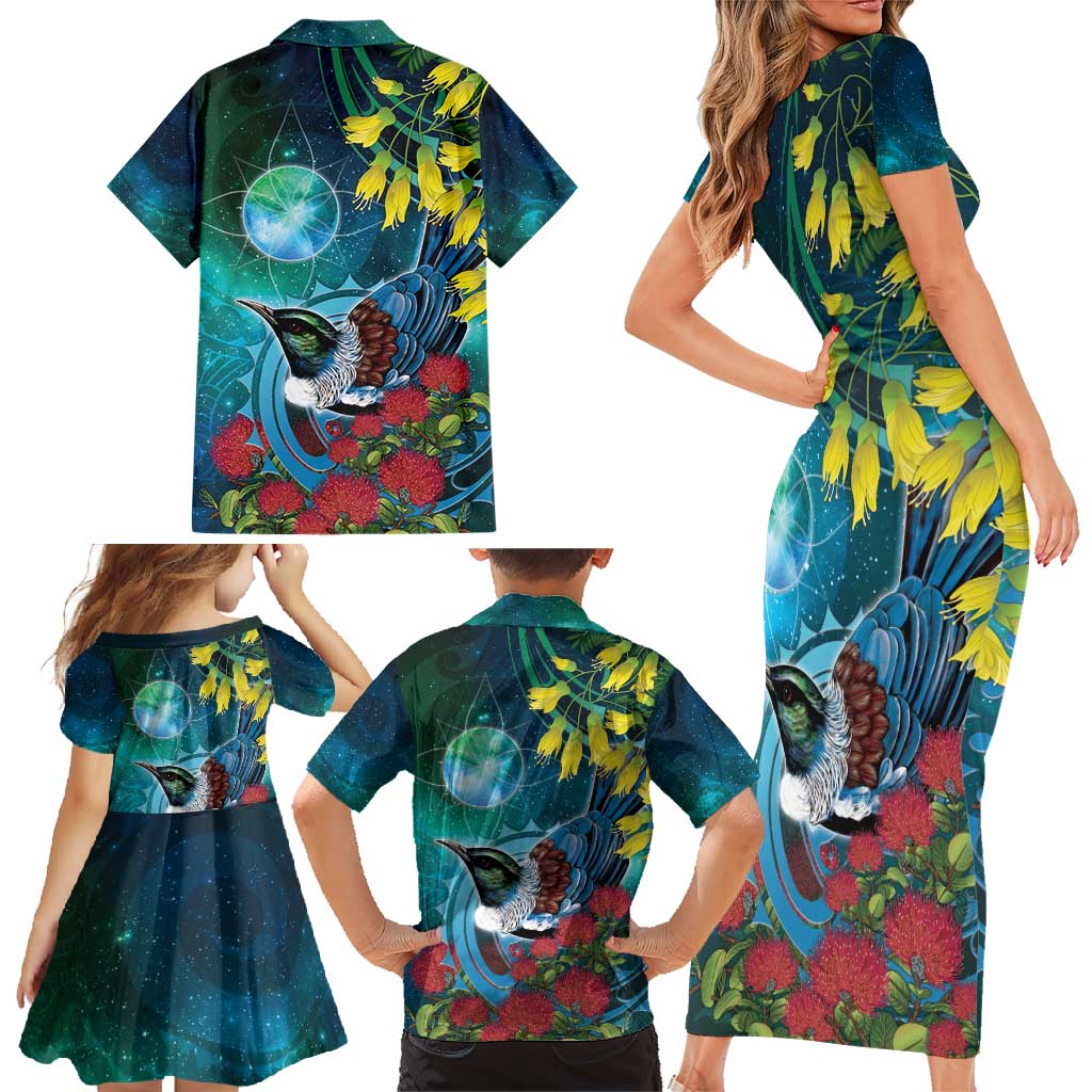 New Zealand Tui Bird Family Matching Short Sleeve Bodycon Dress and Hawaiian Shirt Maori Koru With Pohutukawa Galaxy Style - Polynesian Pride