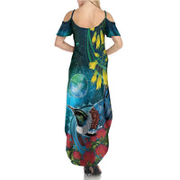 New Zealand Tui Bird Family Matching Summer Maxi Dress and Hawaiian Shirt Maori Koru With Pohutukawa Galaxy Style - Polynesian Pride