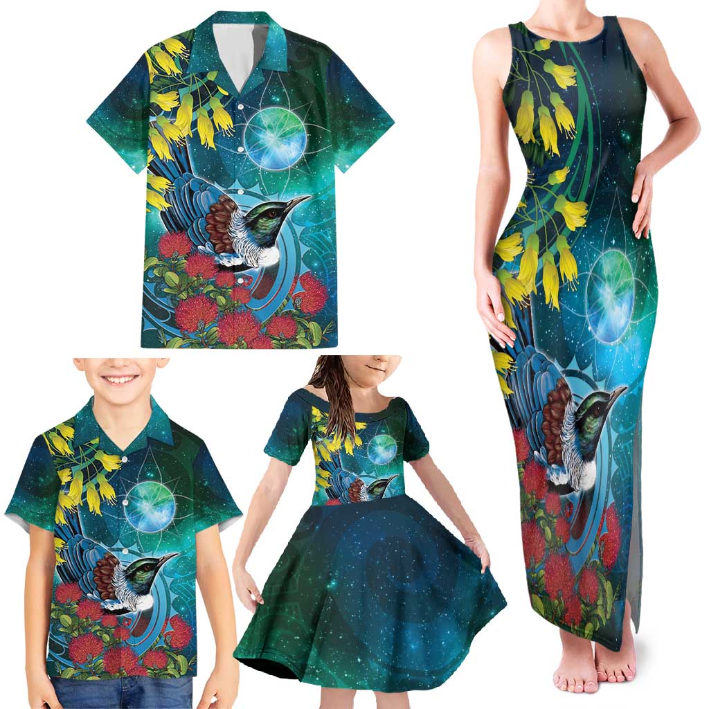 New Zealand Tui Bird Family Matching Tank Maxi Dress and Hawaiian Shirt Maori Koru With Pohutukawa Galaxy Style - Polynesian Pride
