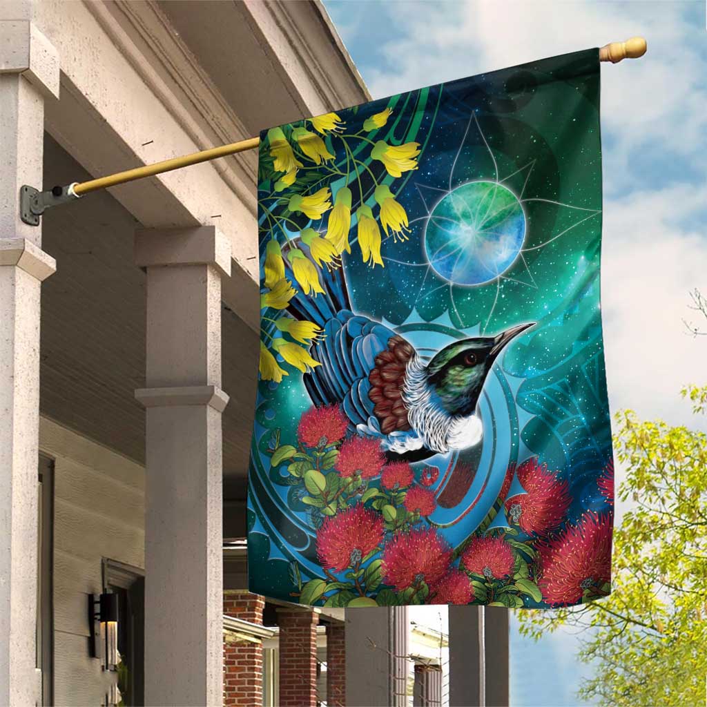 New Zealand Tui Bird Garden Flag Maori Koru With Pohutukawa Galaxy Style - Polynesian Pride