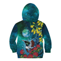 New Zealand Tui Bird Kid Hoodie Maori Koru With Pohutukawa Galaxy Style - Polynesian Pride