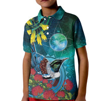 New Zealand Tui Bird Kid Polo Shirt Maori Koru With Pohutukawa Galaxy Style - Polynesian Pride