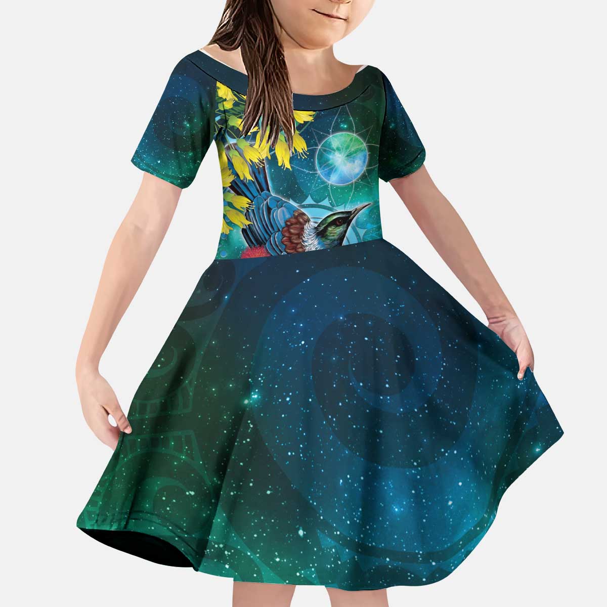 New Zealand Tui Bird Kid Short Sleeve Dress Maori Koru With Pohutukawa Galaxy Style - Polynesian Pride