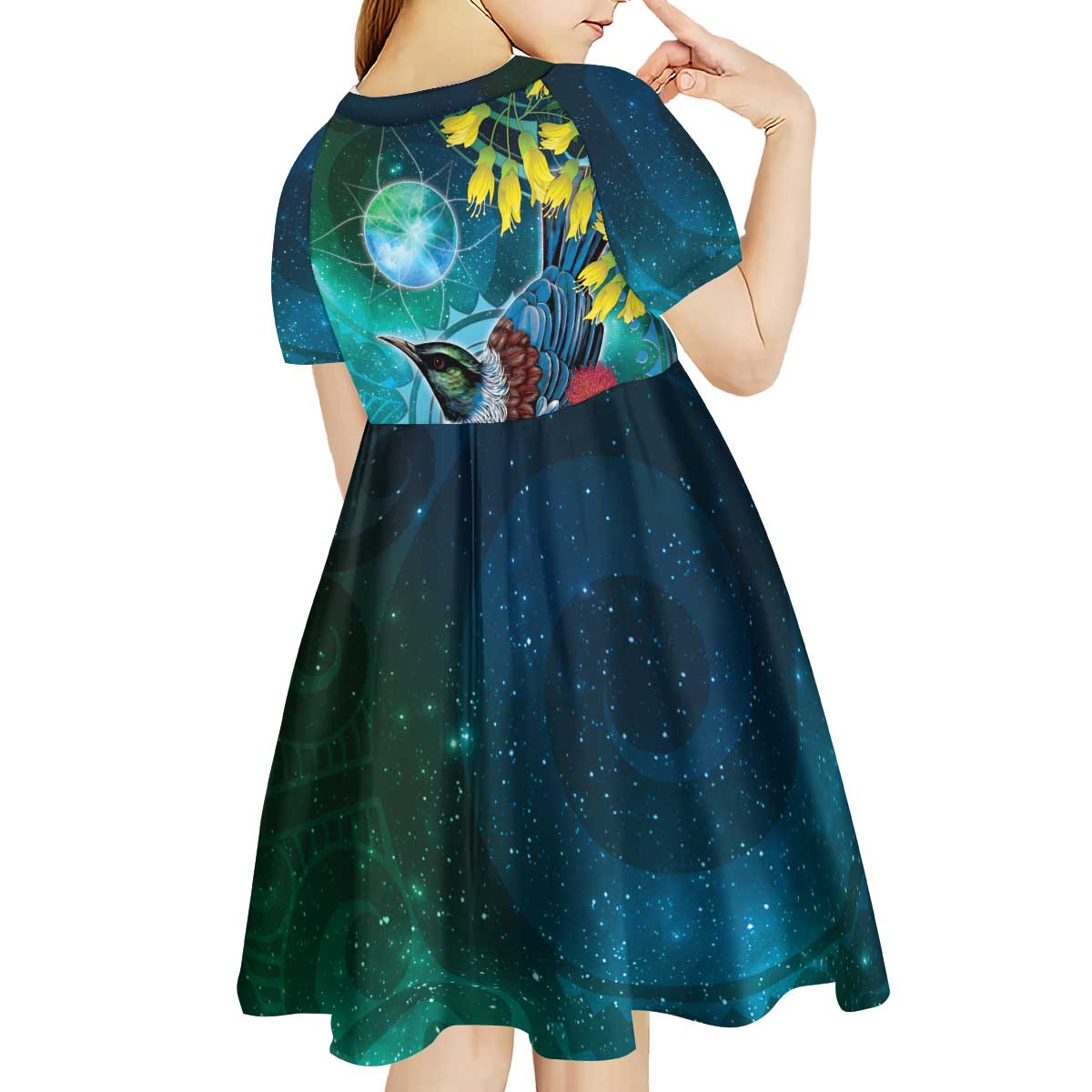 New Zealand Tui Bird Kid Short Sleeve Dress Maori Koru With Pohutukawa Galaxy Style - Polynesian Pride