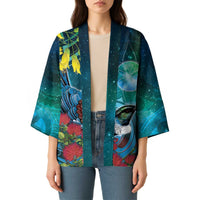 New Zealand Tui Bird Kimono Maori Koru With Pohutukawa Galaxy Style - Polynesian Pride