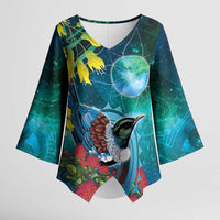 New Zealand Tui Bird Kimono Sleeve Blouse Maori Koru With Pohutukawa Galaxy Style - Polynesian Pride