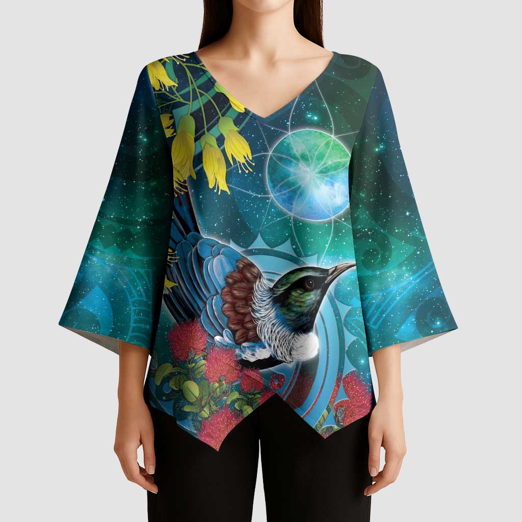New Zealand Tui Bird Kimono Sleeve Blouse Maori Koru With Pohutukawa Galaxy Style - Polynesian Pride