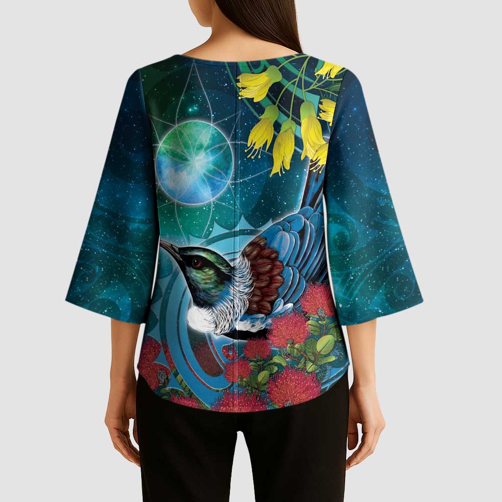 New Zealand Tui Bird Kimono Sleeve Blouse Maori Koru With Pohutukawa Galaxy Style - Polynesian Pride