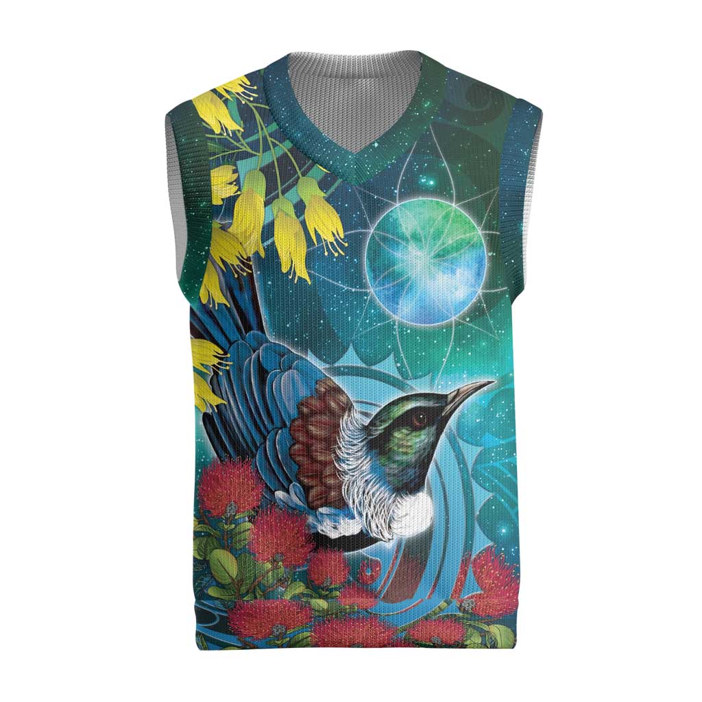 New Zealand Tui Bird Christmas Knitted V-Neck Vest Maori Koru With Pohutukawa Galaxy Style - Polynesian Pride