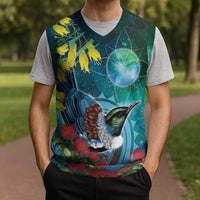 New Zealand Tui Bird Christmas Knitted V-Neck Vest Maori Koru With Pohutukawa Galaxy Style - Polynesian Pride