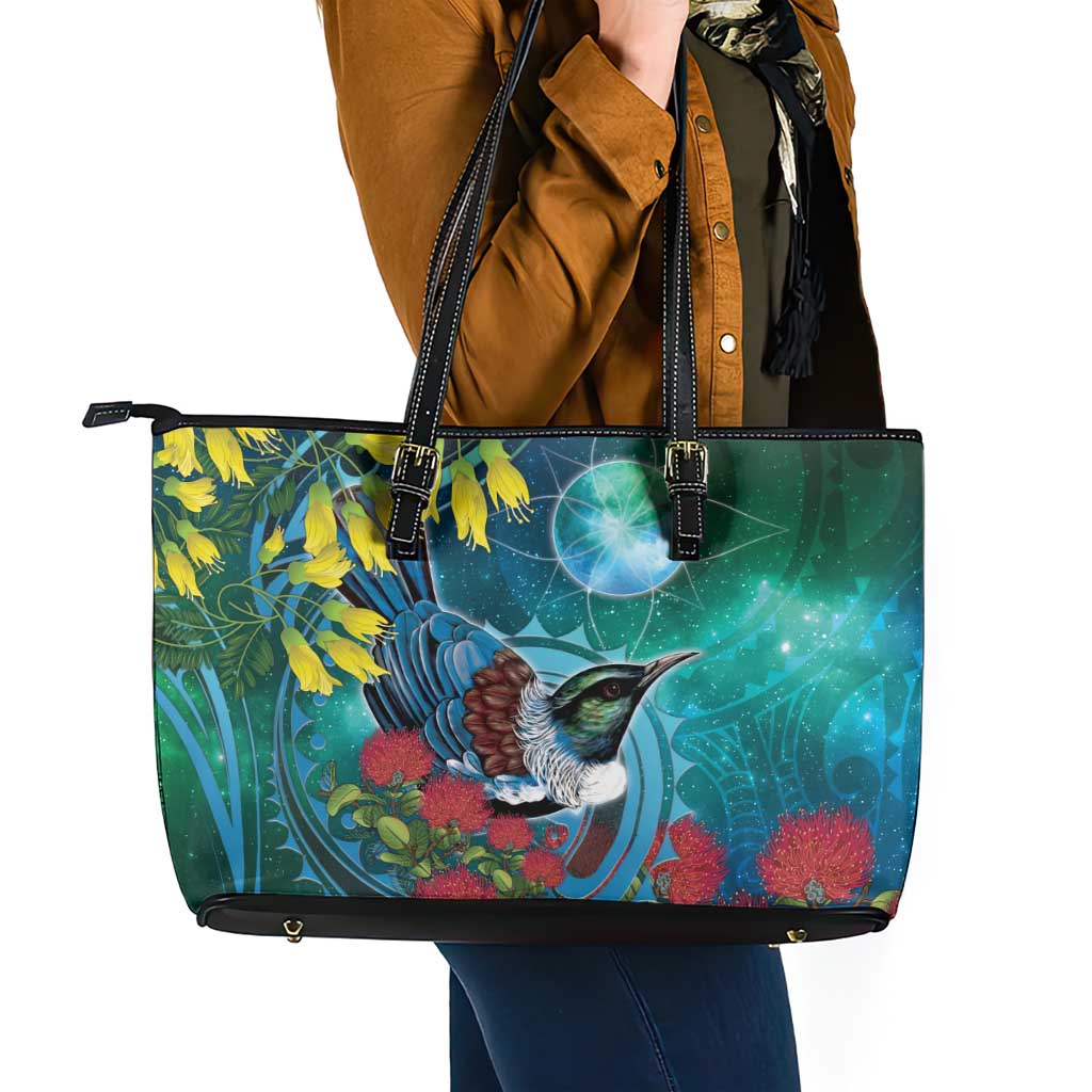 New Zealand Tui Bird Leather Tote Bag Maori Koru With Pohutukawa Galaxy Style - Polynesian Pride