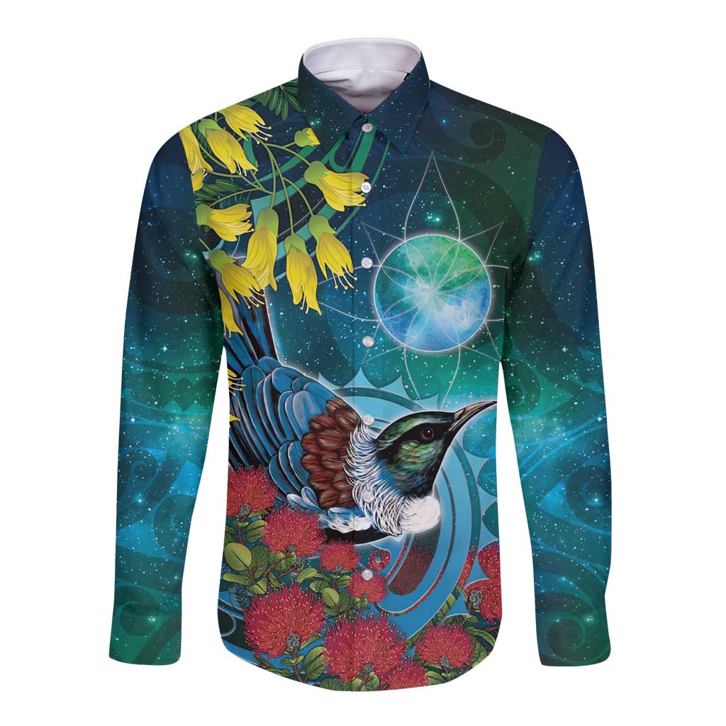 New Zealand Tui Bird Long Sleeve Button Shirt Maori Koru With Pohutukawa Galaxy Style - Polynesian Pride