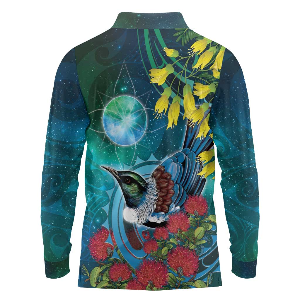 New Zealand Tui Bird Long Sleeve Polo Shirt Maori Koru With Pohutukawa Galaxy Style - Polynesian Pride