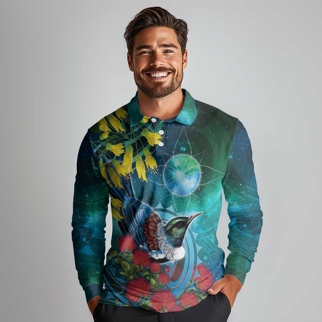 New Zealand Tui Bird Long Sleeve Polo Shirt Maori Koru With Pohutukawa Galaxy Style - Polynesian Pride