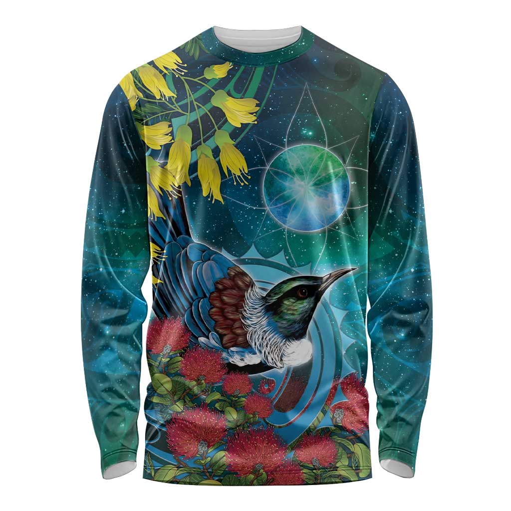 New Zealand Tui Bird Long Sleeve Shirt Maori Koru With Pohutukawa Galaxy Style - Polynesian Pride