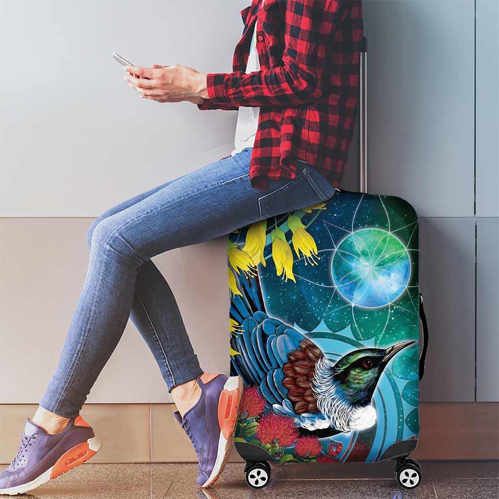 New Zealand Tui Bird Luggage Cover Maori Koru With Pohutukawa Galaxy Style - Polynesian Pride