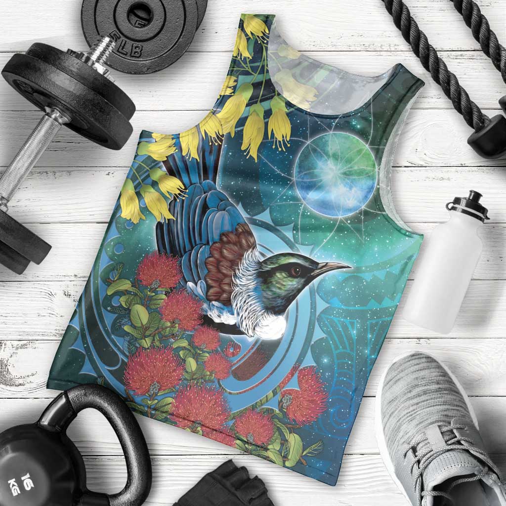 New Zealand Tui Bird Men Tank Top Maori Koru With Pohutukawa Galaxy Style - Polynesian Pride
