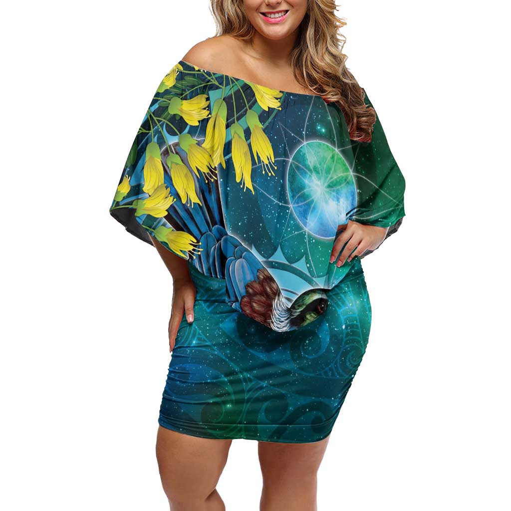 New Zealand Tui Bird Off Shoulder Short Dress Maori Koru With Pohutukawa Galaxy Style - Polynesian Pride