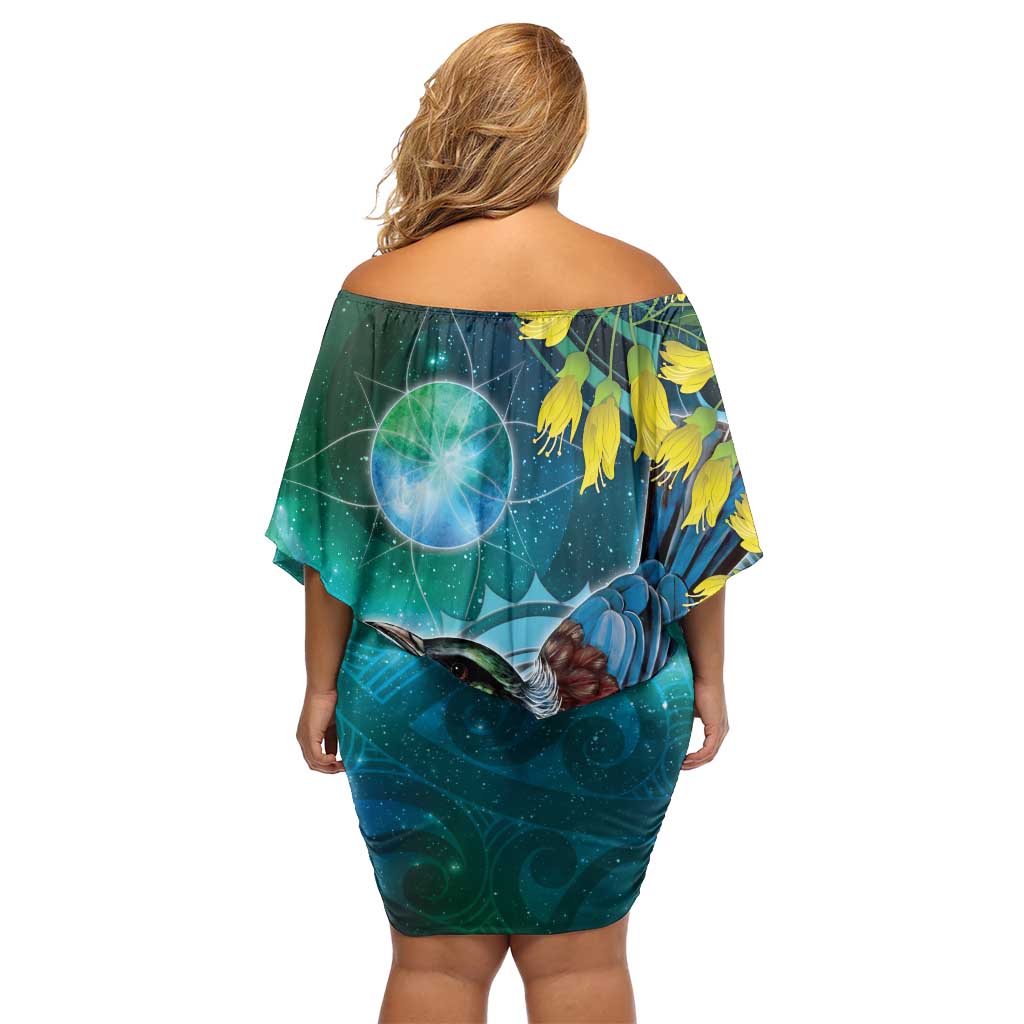 New Zealand Tui Bird Off Shoulder Short Dress Maori Koru With Pohutukawa Galaxy Style - Polynesian Pride