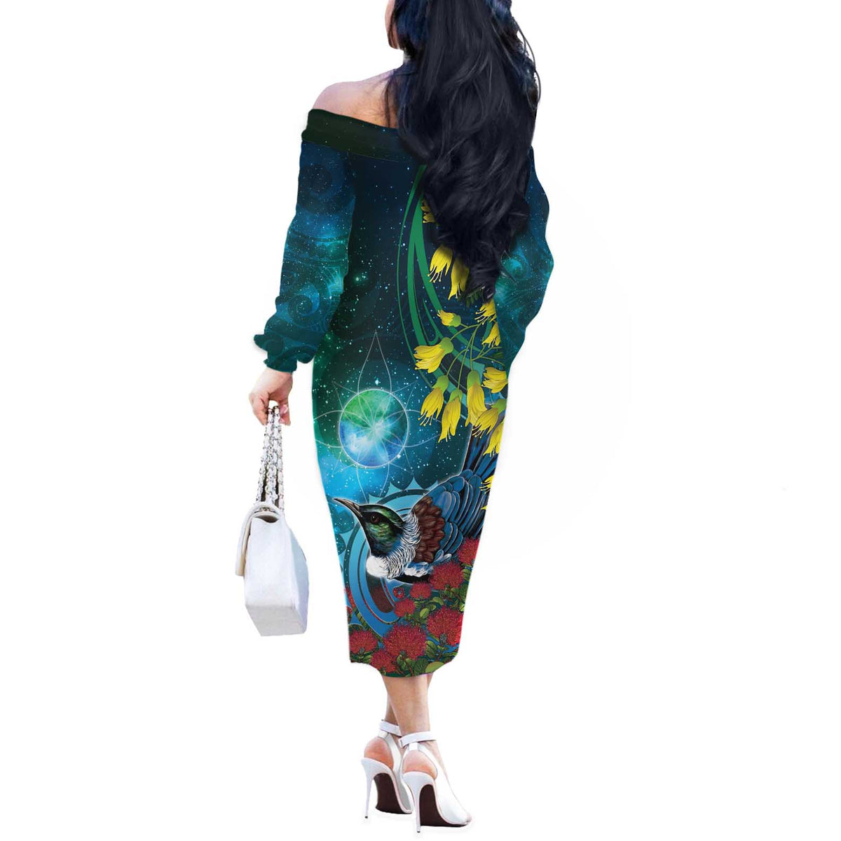 New Zealand Tui Bird Off The Shoulder Long Sleeve Dress Maori Koru With Pohutukawa Galaxy Style - Polynesian Pride