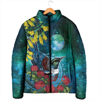 New Zealand Tui Bird Padded Jacket Maori Koru With Pohutukawa Galaxy Style - Polynesian Pride