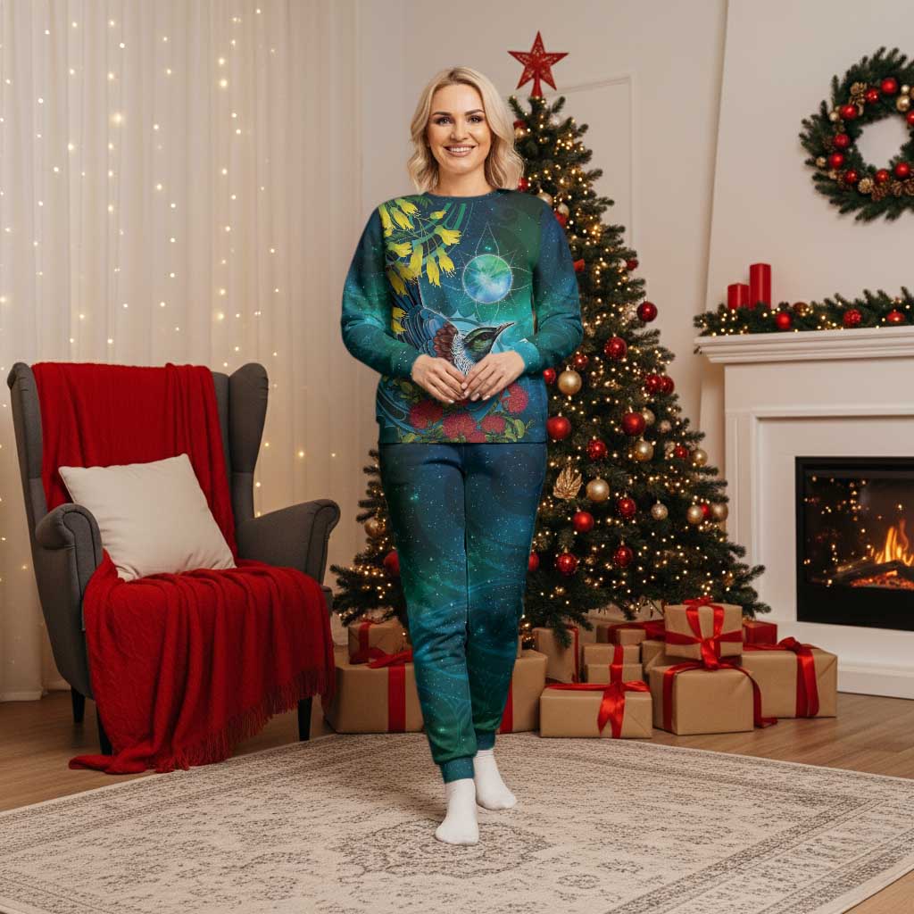 New Zealand Tui Bird Christmas Pajama Set Maori Koru With Pohutukawa Galaxy Style - Polynesian Pride