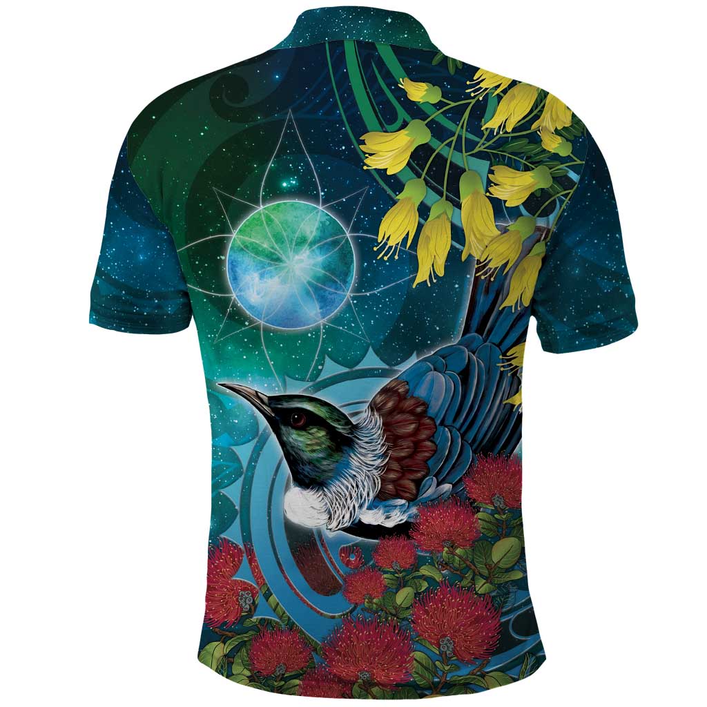 New Zealand Tui Bird Polo Shirt Maori Koru With Pohutukawa Galaxy Style - Polynesian Pride