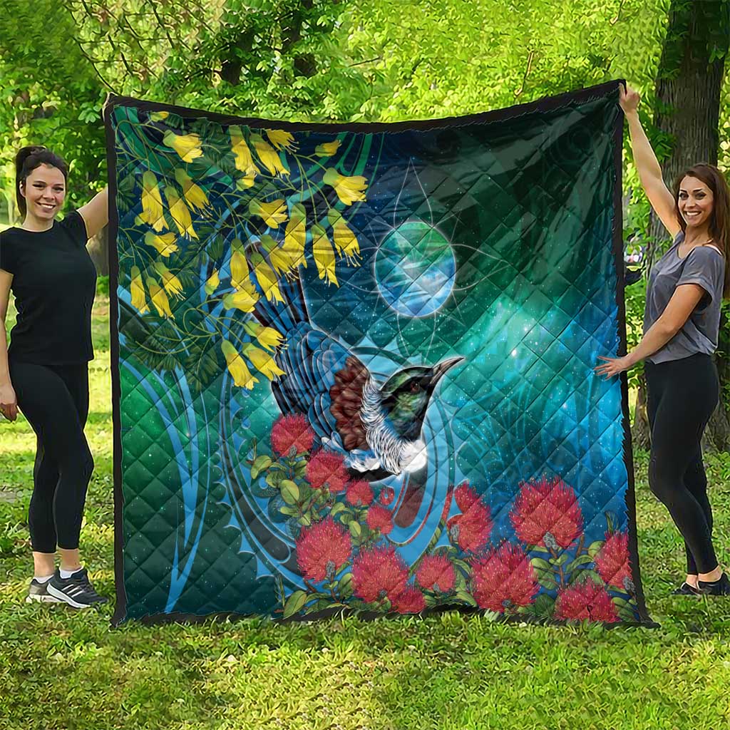 New Zealand Tui Bird Quilt Maori Koru With Pohutukawa Galaxy Style - Polynesian Pride