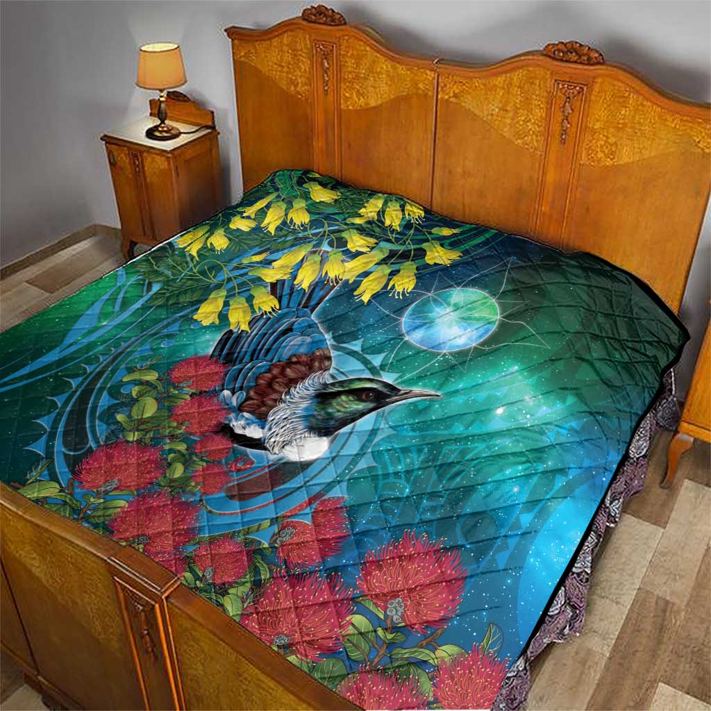 New Zealand Tui Bird Quilt Maori Koru With Pohutukawa Galaxy Style - Polynesian Pride