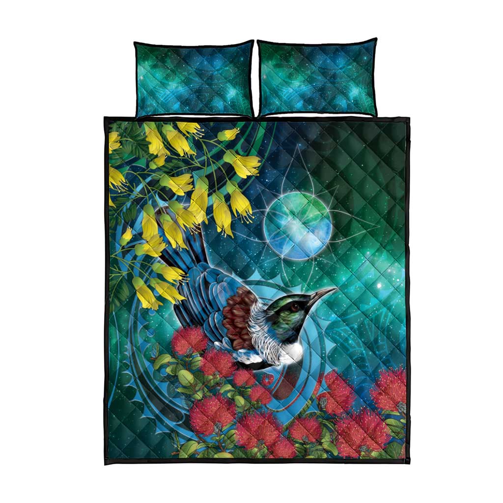 New Zealand Tui Bird Quilt Bed Set Maori Koru With Pohutukawa Galaxy Style - Polynesian Pride