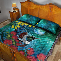 New Zealand Tui Bird Quilt Bed Set Maori Koru With Pohutukawa Galaxy Style - Polynesian Pride
