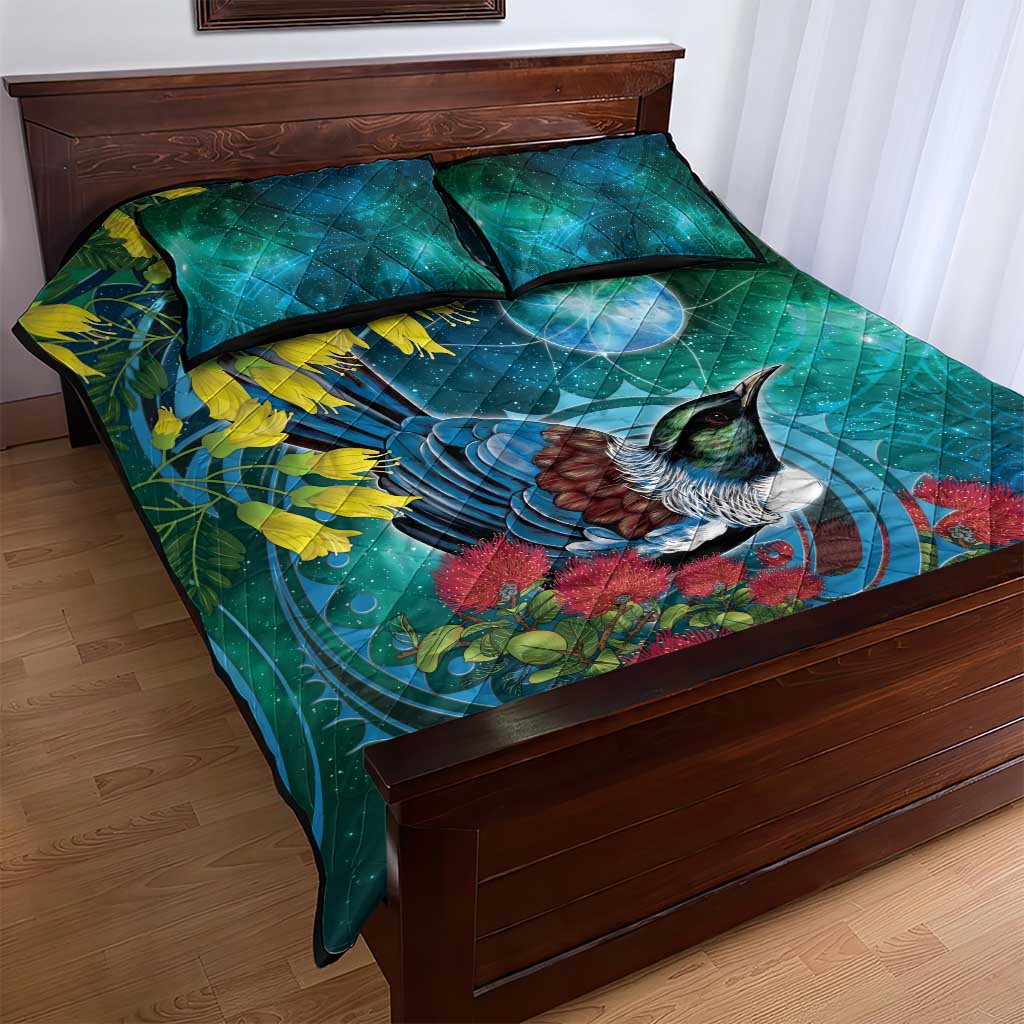 New Zealand Tui Bird Quilt Bed Set Maori Koru With Pohutukawa Galaxy Style - Polynesian Pride