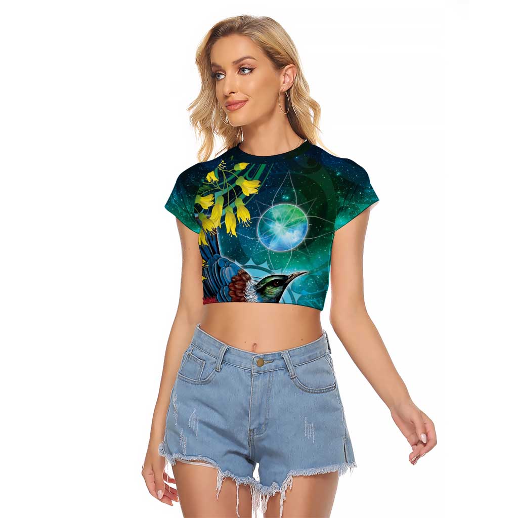 New Zealand Tui Bird Raglan Cropped T Shirt Maori Koru With Pohutukawa Galaxy Style - Polynesian Pride