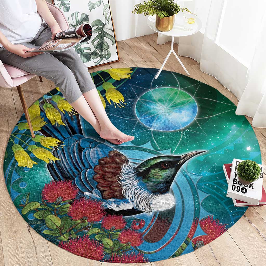 New Zealand Tui Bird Round Carpet Maori Koru With Pohutukawa Galaxy Style - Polynesian Pride
