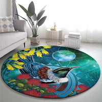 New Zealand Tui Bird Round Carpet Maori Koru With Pohutukawa Galaxy Style - Polynesian Pride