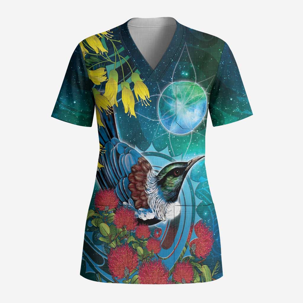 New Zealand Tui Bird Scrub Top Maori Koru With Pohutukawa Galaxy Style - Polynesian Pride