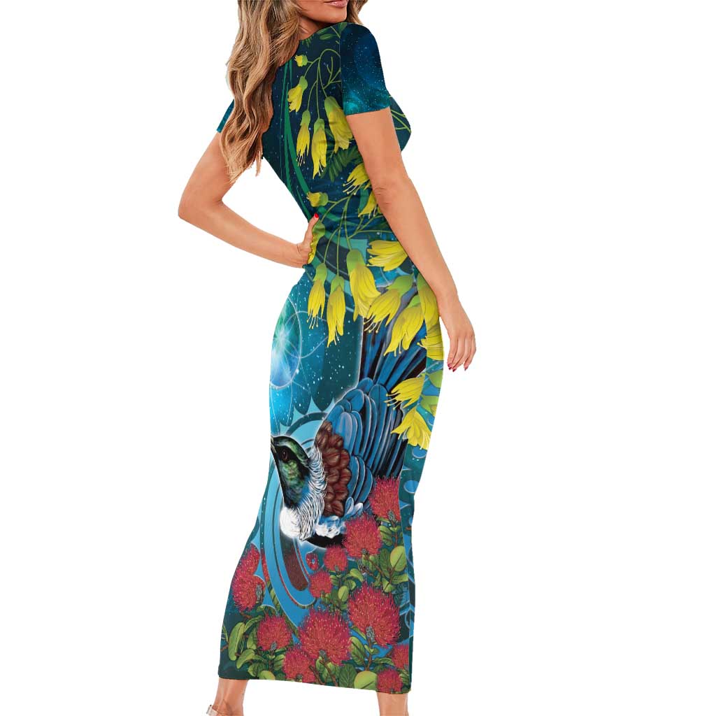 New Zealand Tui Bird Short Sleeve Bodycon Dress Maori Koru With Pohutukawa Galaxy Style - Polynesian Pride
