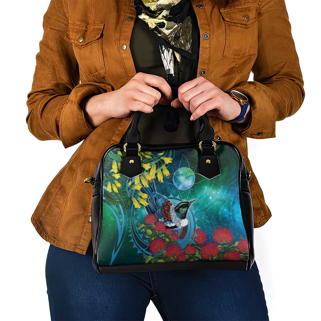 New Zealand Tui Bird Shoulder Handbag Maori Koru With Pohutukawa Galaxy Style - Polynesian Pride