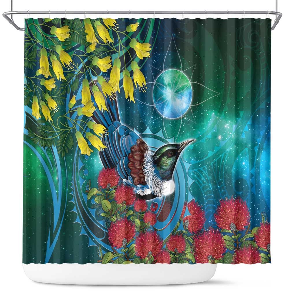 New Zealand Tui Bird Shower Curtain Maori Koru With Pohutukawa Galaxy Style - Polynesian Pride
