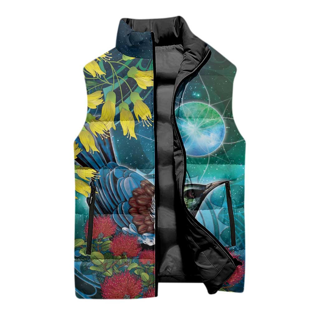 New Zealand Tui Bird Sleeveless Puffer Jacket Maori Koru With Pohutukawa Galaxy Style - Polynesian Pride