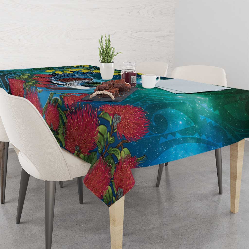 New Zealand Tui Bird Tablecloth Maori Koru With Pohutukawa Galaxy Style - Polynesian Pride