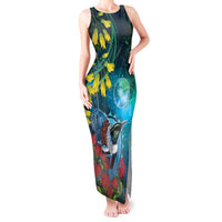 New Zealand Tui Bird Tank Maxi Dress Maori Koru With Pohutukawa Galaxy Style - Polynesian Pride