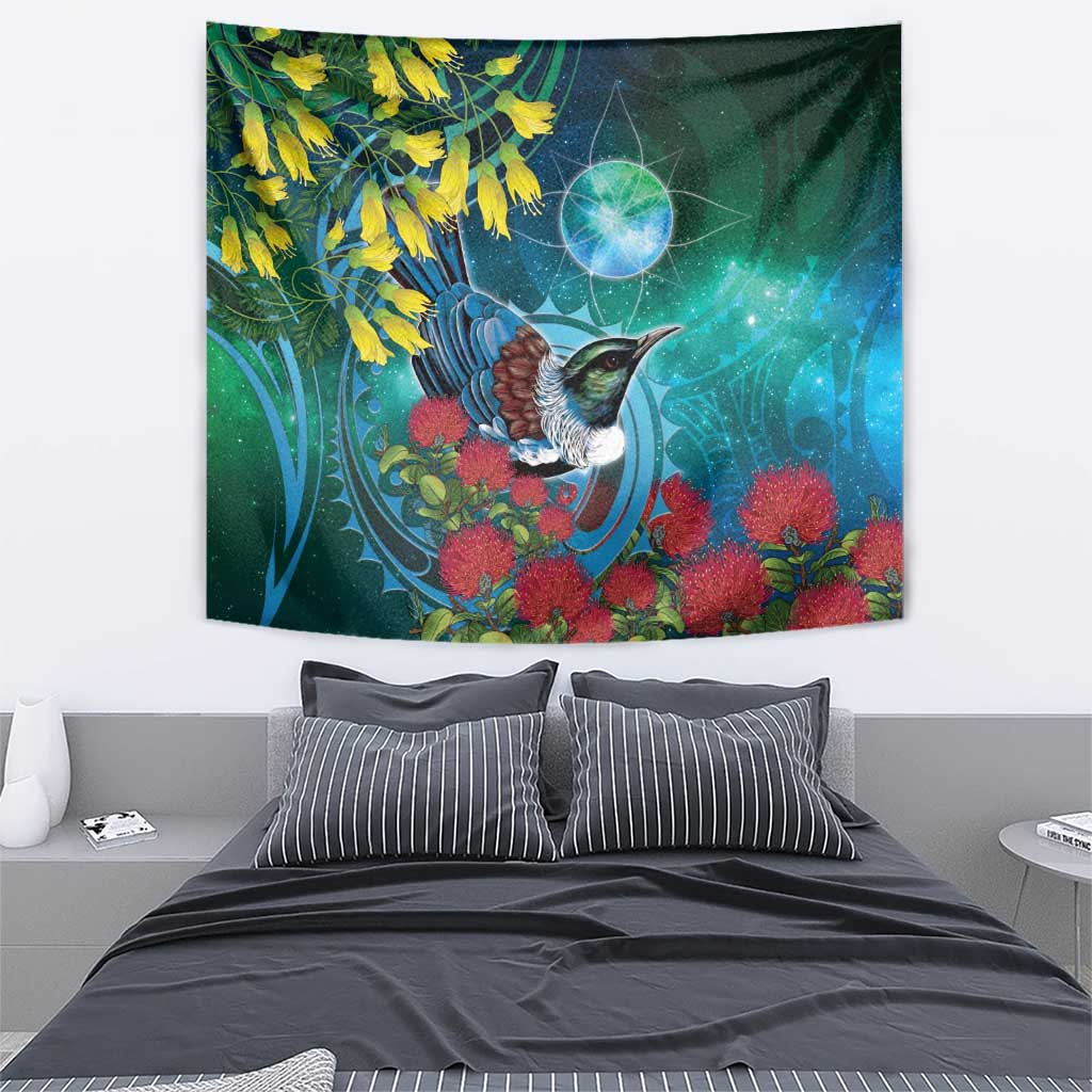 New Zealand Tui Bird Tapestry Maori Koru With Pohutukawa Galaxy Style - Polynesian Pride