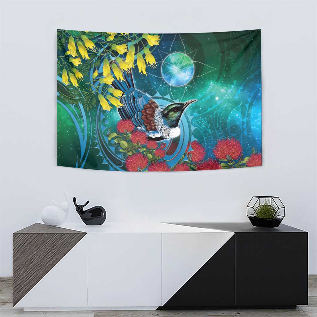 New Zealand Tui Bird Tapestry Maori Koru With Pohutukawa Galaxy Style - Polynesian Pride