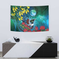 New Zealand Tui Bird Tapestry Maori Koru With Pohutukawa Galaxy Style - Polynesian Pride
